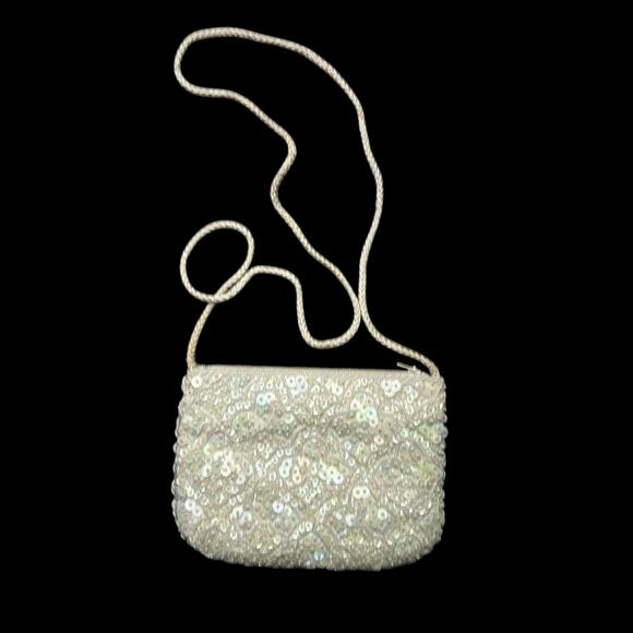 American Vintage Handbags - Vintage Cream Colored Sequined‎ and Beaded Evening Bag